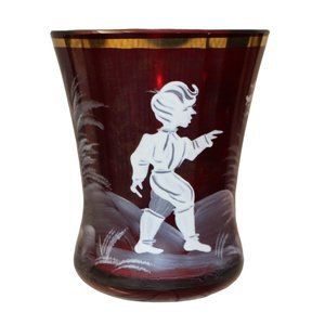 Vintage Toothpick Holder Ruby Red Mary Gregory Boy & Bird Glass